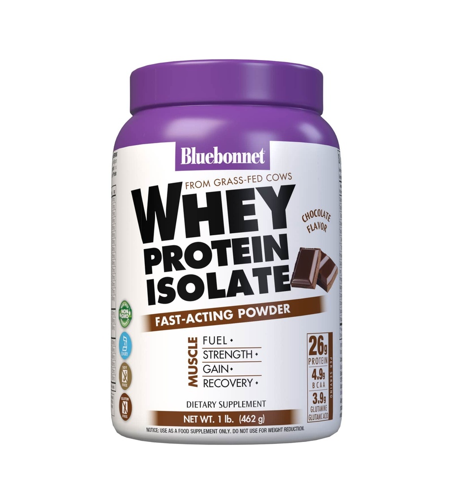 Bluebonnet 영양 Whey Protein Isolate Powder, Grass Fed Cows, 26g of Protein, No Sugar 추가, Gluten Free, Soy free, kosher Dairy, 1 Lb, 14 서빙, 초콜릿 맛