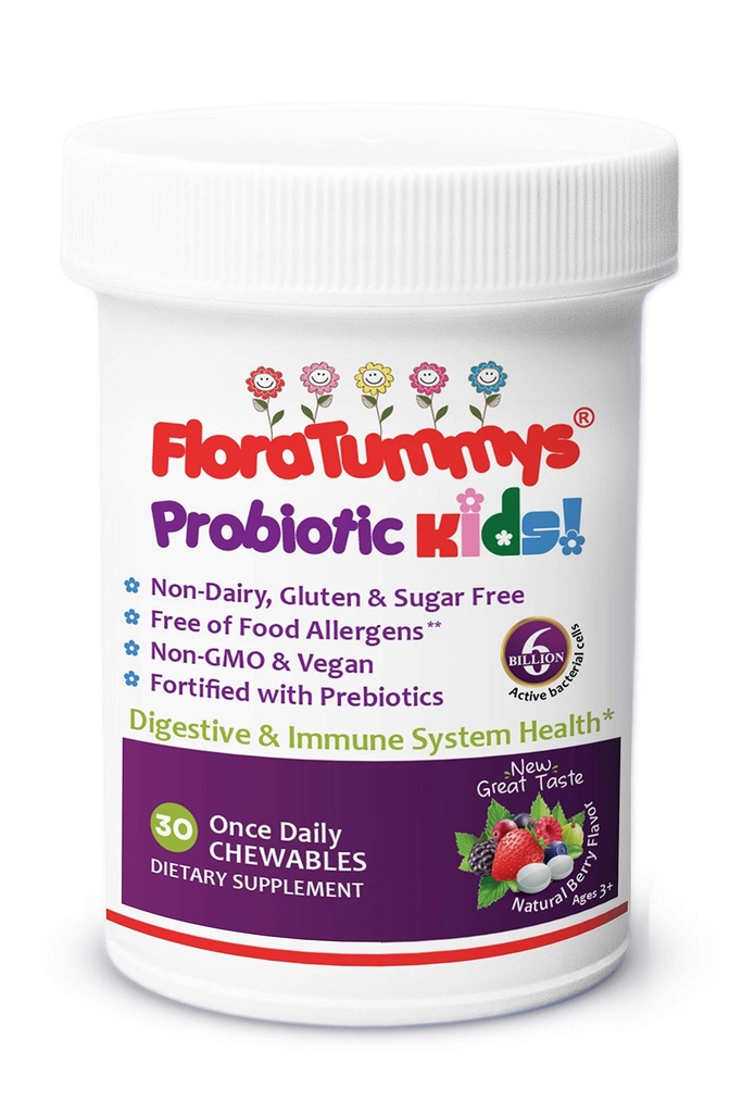 FloraTummys Kids Chewable Probiotic Prebiotics : 비 데리, 글루텐 & Sugar-Free, 땅콩 & 콩 무료, 비 GMO, 시험 및 식품 알레르기, 채식, 코셔, 베리 맛 (1 병)
