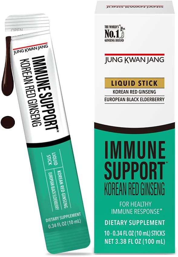JUNG KWAN JANG Korean Red Panax Ginseng (800mg) 및 Elderberry (469mg) Immune Support Everytime Extract Sticks, Immunity 및 Daily Wellness 용 산화 보충, 10 카운트