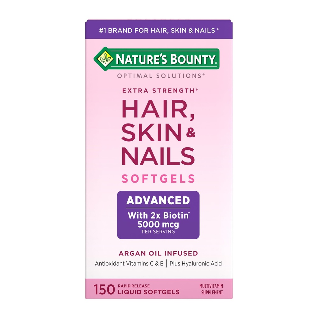 Nature's Bounty Advanced Hair, Skin & Nails, Biotin와 Hyaluronic 산, 150 급속한 방출 Softgels, 50 총 서빙을 가진 Argan 주입된 비타민 보충교재