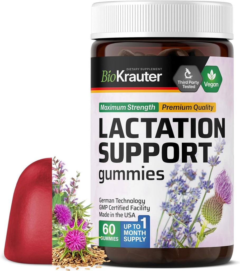 BIO KRAUTER Lactation Support Gummies - 60 Chews - 자연 Lactation Supplement - 염소 Rue, Fenugreek, 우유 이틀 추출물 - Vegan Breastfeeding 보조 식품