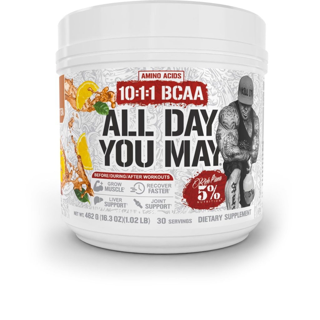 5% 영양 풍부한 피아나 AllDayYouMay BCAA 분말 프리미엄 인트라 & 포스트 운동 아미노산, 히드라, 내구시간, 근육 회복, 합동 & 간결 | 16.3 oz, 30 Srvgs (남성 달콤한 차)