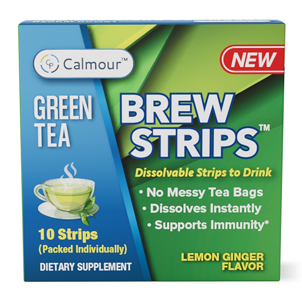 CALMOUR Natural Green Tea Extract Strips 10 Pack|그린티 백 대체 여행 친화적 인 On-The-Go Quick Dissolve Strips | 안티 옥시드를 사용한 레몬 생강 차 | 녹차 맛