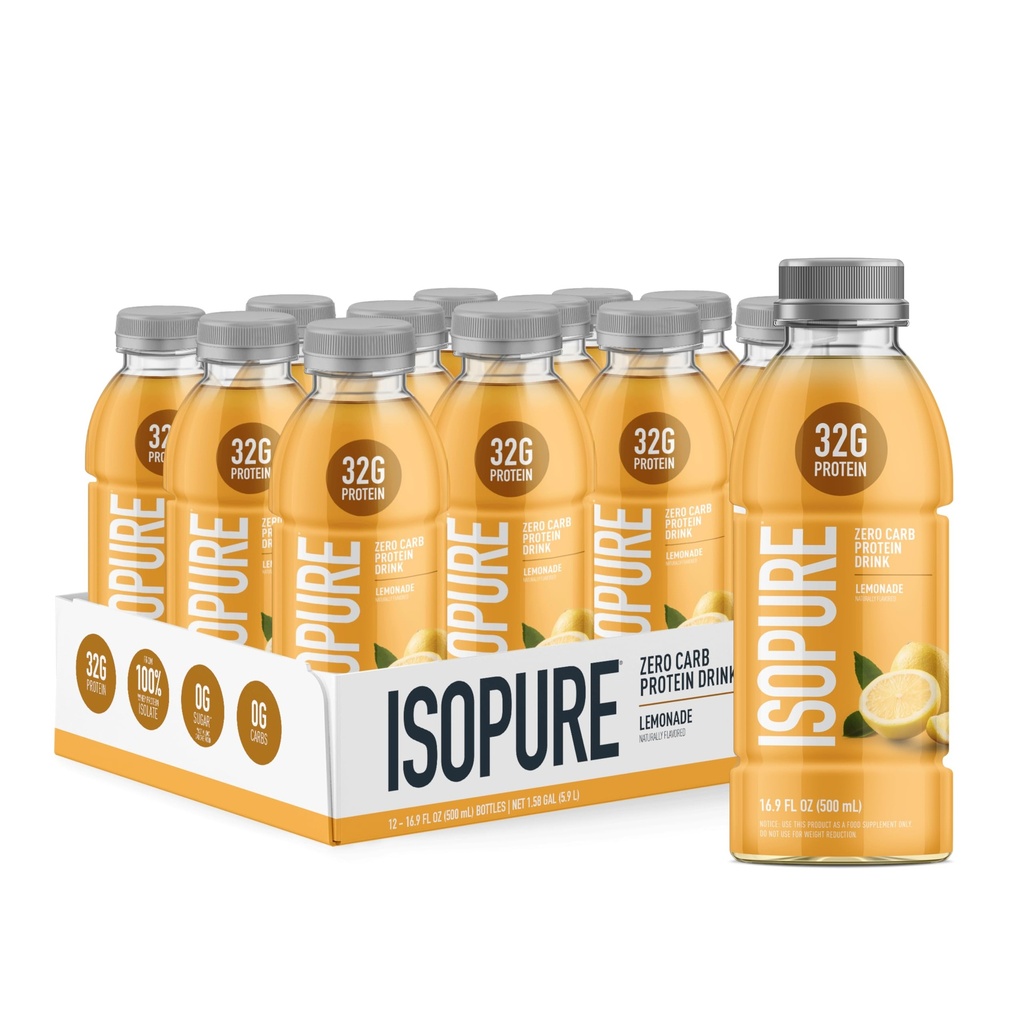 Isopure Zero Carb 32g Clear Protein Ready-to-Drink, Whey Protein Isolate, Lemonade, 12 팩 (패키지 May Vary)