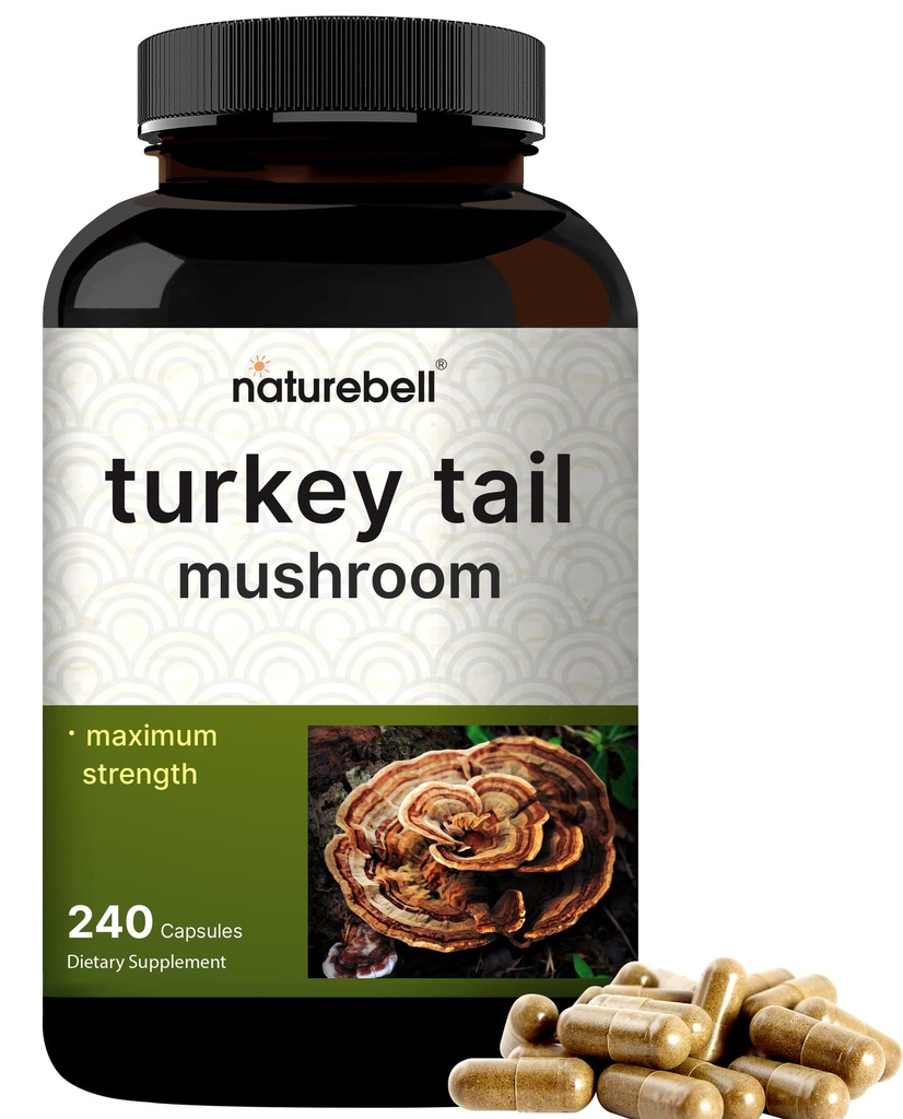NatureBell 터키 꼬리 버섯 캡슐 서빙 당 15,000mg, 240 조사 | 25:1 과일 몸 & Mycelium 추출물 – 면역 & 뇌 건강 버섯 보충교재.