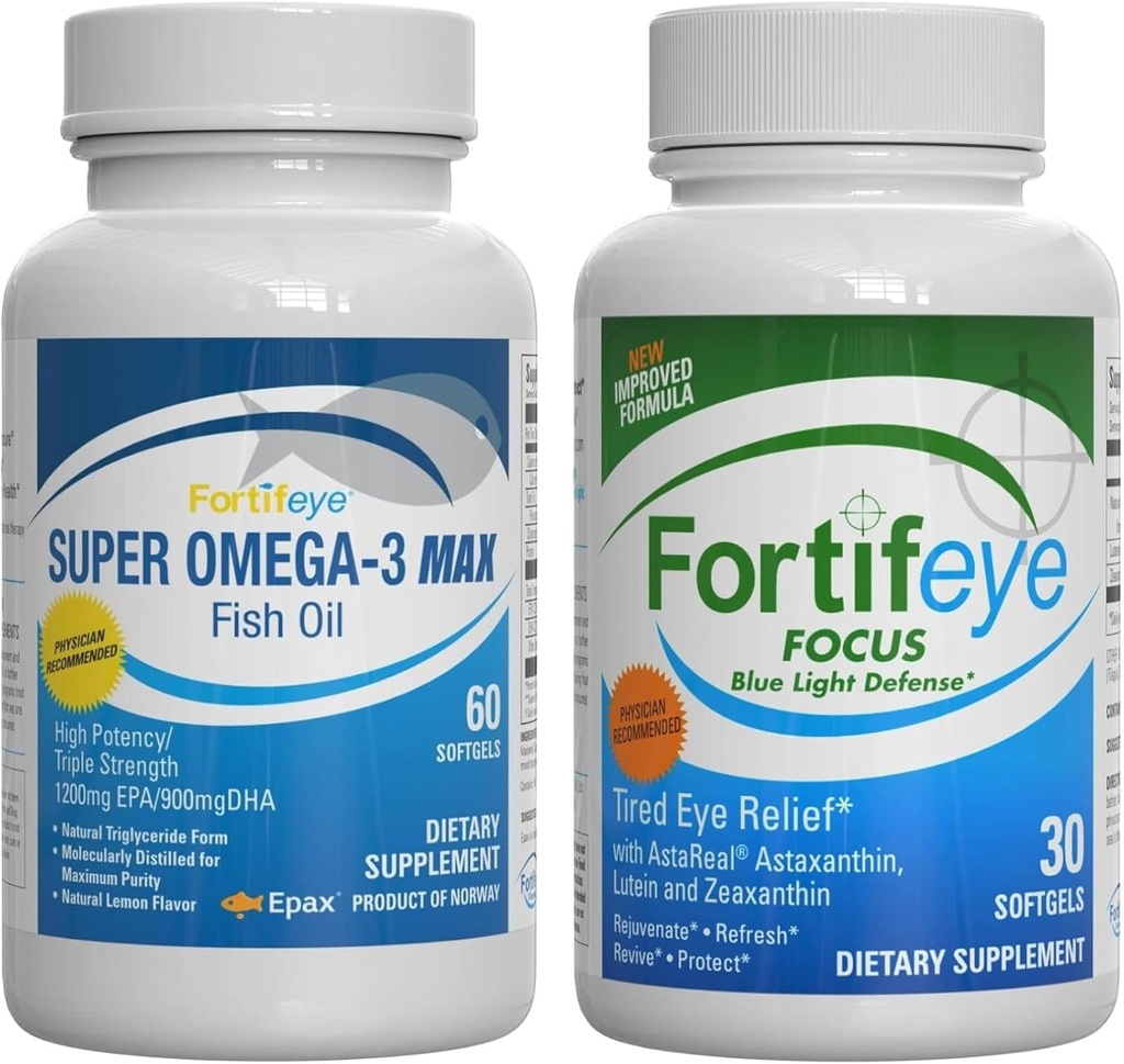 Fortifeye Blue Light and Heart Health Support Bundle | 슈퍼 오메가-3 최대 물고기 오일, 60 소프트 젤 및 초점 블루 라이트 방어, 30 Softgels