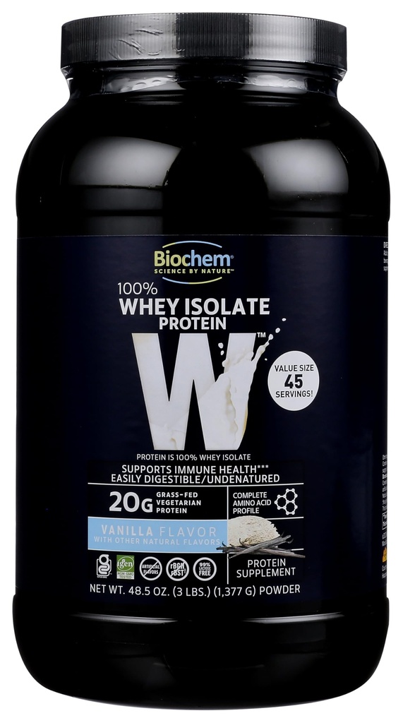 Biochem 100 % Whey Isolate Protein Powder, 바닐라 맛, 20g 잔디 볶은 단백질, Keto Friendly, Gluten 무료, 쉽게 소화 가능, 채식, 48.5 oz, 45 서빙