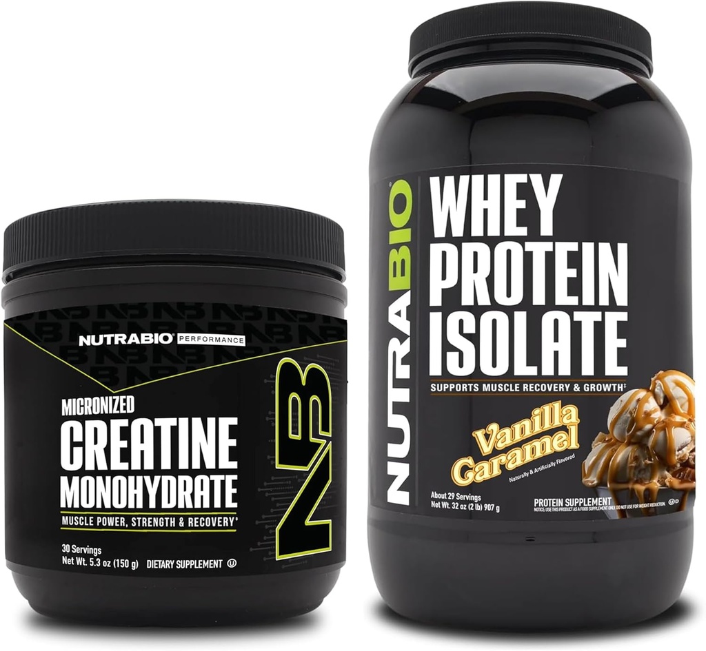 NutraBio Creatine Monohydrate, Unflavored, 150g 및 Whey Protein Isolate, Vanilla Caramel, 보충 번들 - 근육 에너지, Lean 근육 성장, 회복 및 힘