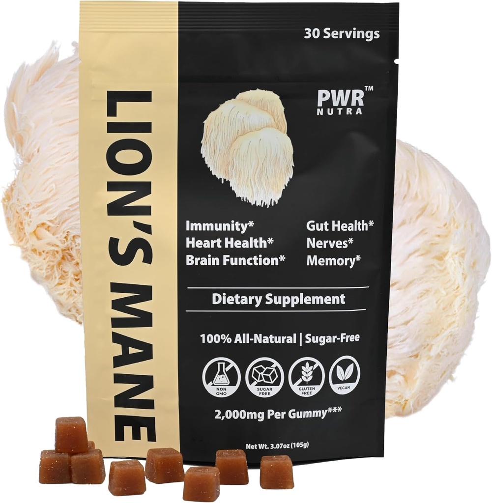 REAL Lion의 Mane 버섯 Gummies - 심장, 면역, 염증, 뇌 지원, Vegan, Sugar-free, GF, 30 TRUE 서빙, 3.7oz