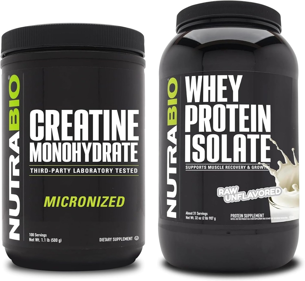NutraBio Creatine Monohydrate, Unflavored, 500g 및 Whey Protein Isolate, Unflavored, 보충 번들 - 근육 에너지, Lean 근육 성장, 회복 및 힘
