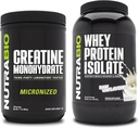 NutraBio Creatine Monohydrate, Unflavored, 500g 및 Whey Protein Isolate, Unflavored, 보충 번들 - 근육 에너지, Lean 근육 성장, 회복 및 힘
