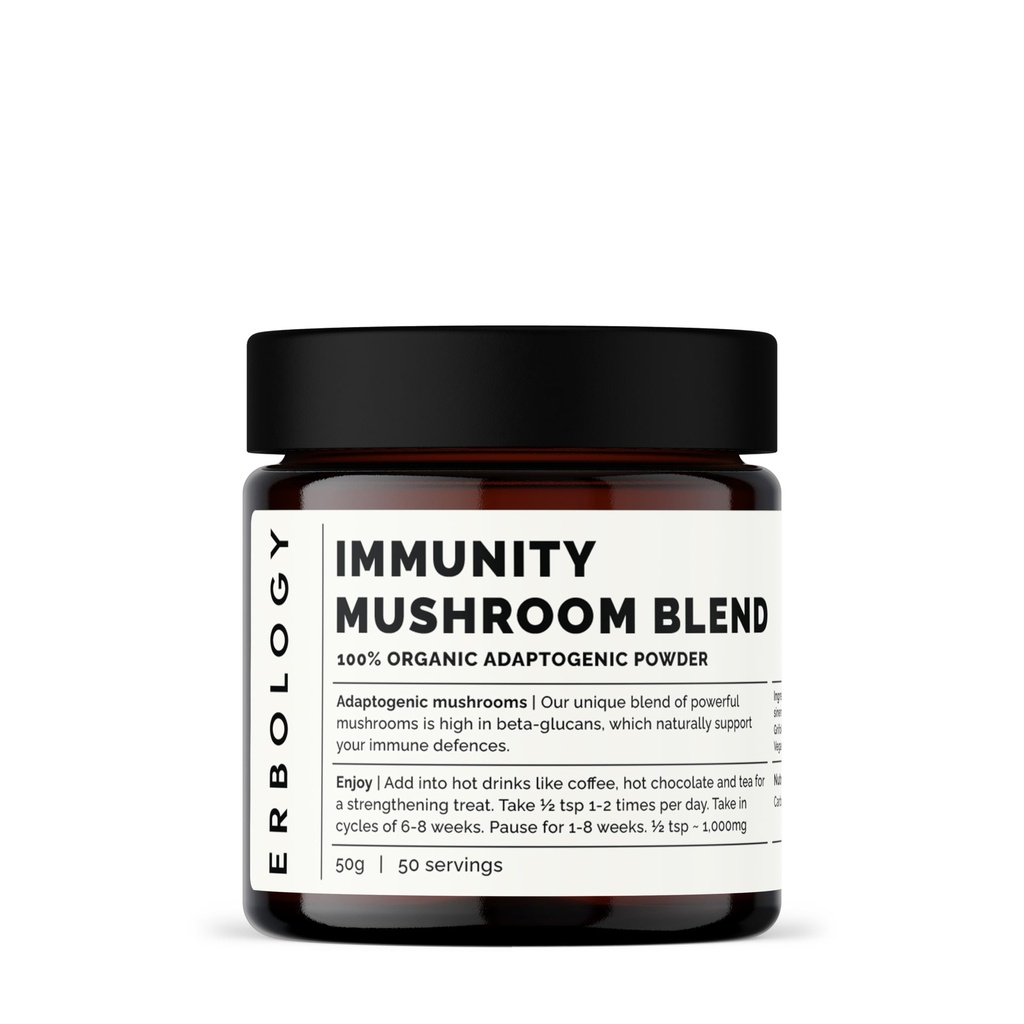 Erbology Organic Immunity Mushroom Complex 50 서빙 - 베타 글루칸 - Reishi, Cordyceps, Lion's Mane, Turkey Tail - 유럽에서 지속 가능한 성장 - Vegan - Non-GMO - 추가 필러 없음
