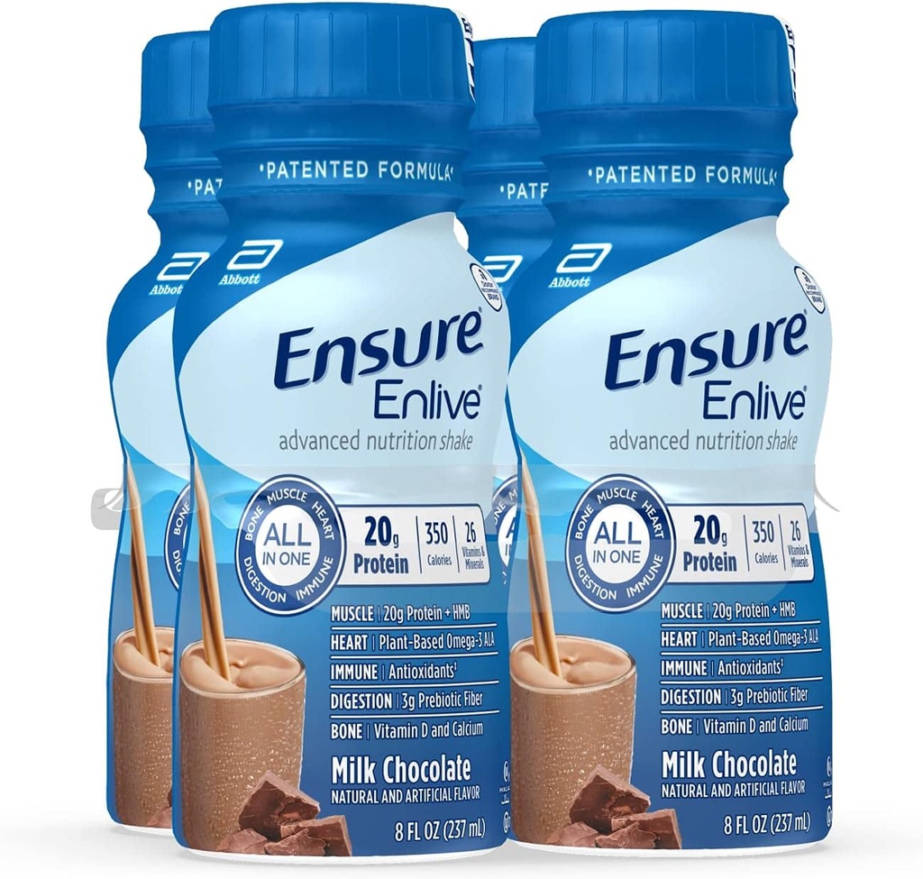 Ensure Enlive 식사 보충 Shake, 20g 단백질, 350 칼로리, 진보된 영양 단백질 Shake, 우유 초콜렛, 8개 Fl Oz (포장 4)