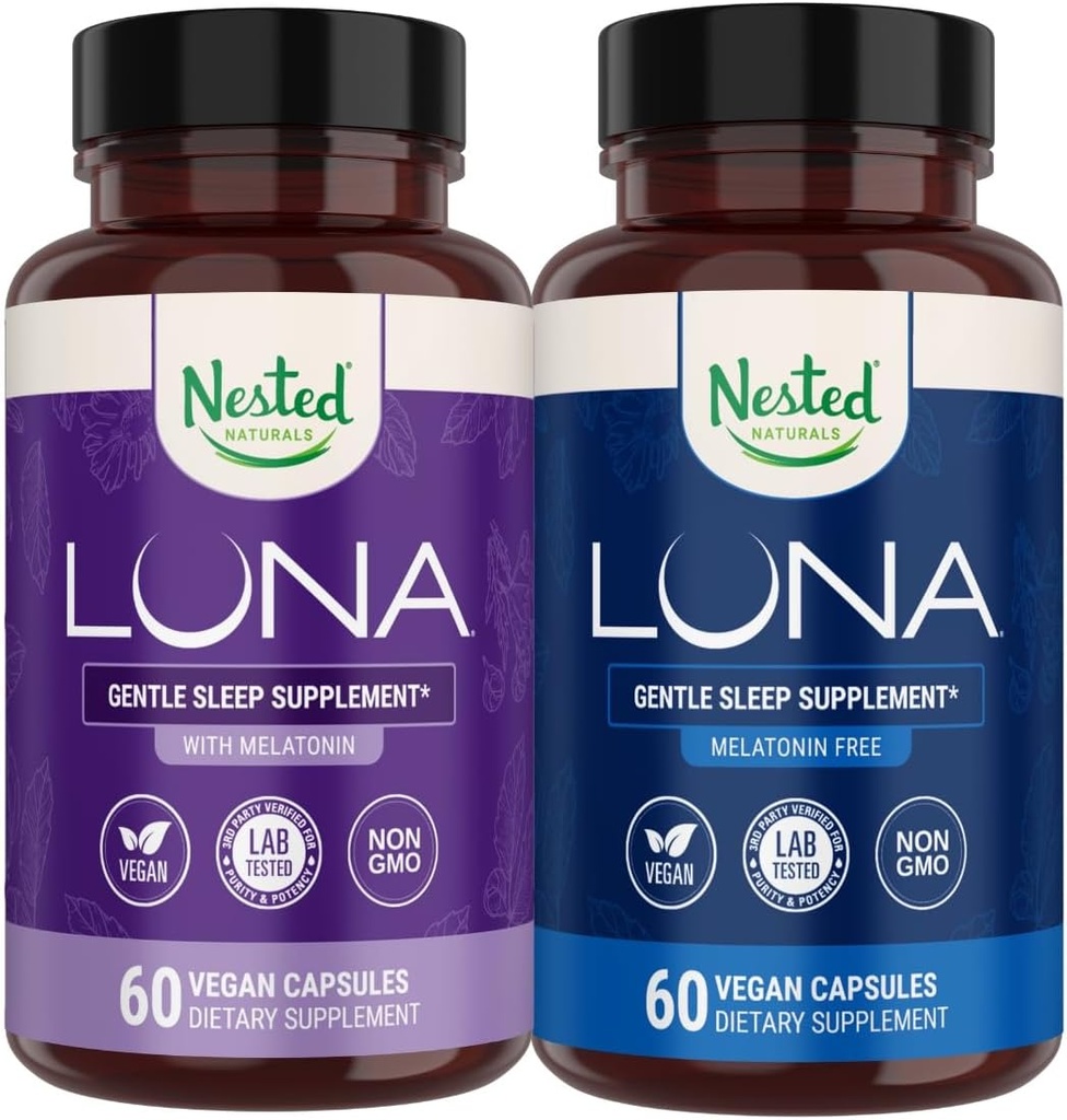 Nested Naturals Luna Sleep Aid Bundle | Luna & Luna Melatonin-Free Sleeping Pills with Natural 성분 Melatonin, Valarien, & More (120 개)
