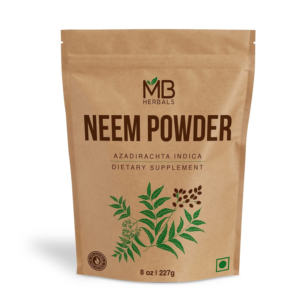 MB 초본 순수한 Neem 분말 8개 oz | 227 그램/0.5 LB 순수한 야생 초래된 Neem 잎 분말 | 피부와 머리를 위한 보충교재 | Azadirachta Indica