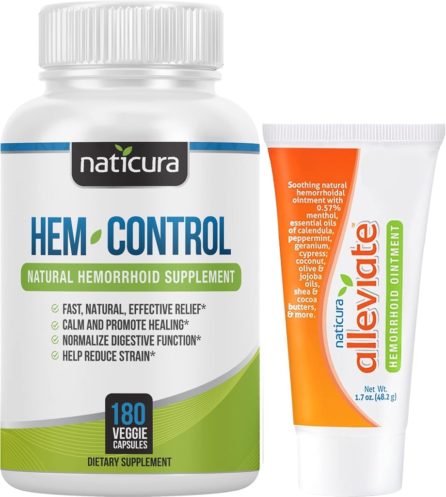 번들 - Hem-Control Vegan Digestive 지원 보충교재 (180 조사) 및 연소를 위한 Alleviate 자연적인 치질 기복 크림, 가려움증 및 팽윤 (1.7 oz) 플러스 2 여행 크기 관