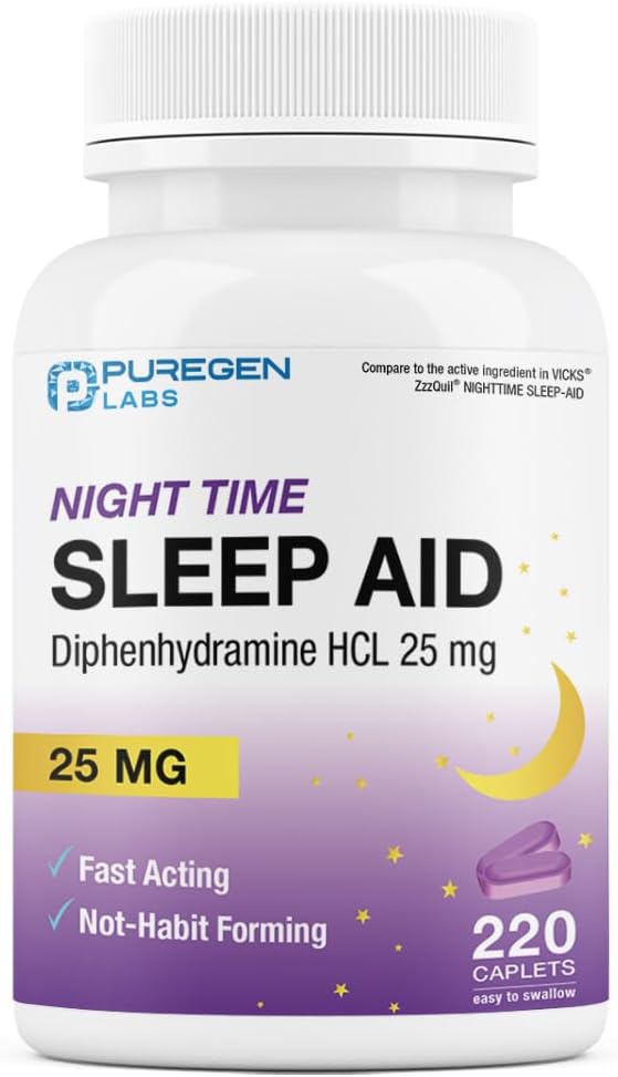 Puregen Labs Sleep Aid Caplets, Diphenhydramine HCl 25mg - 220 Count | Deeper, Restful Sleeping, Non Habit-Forming 지원 | 미국에서 제작