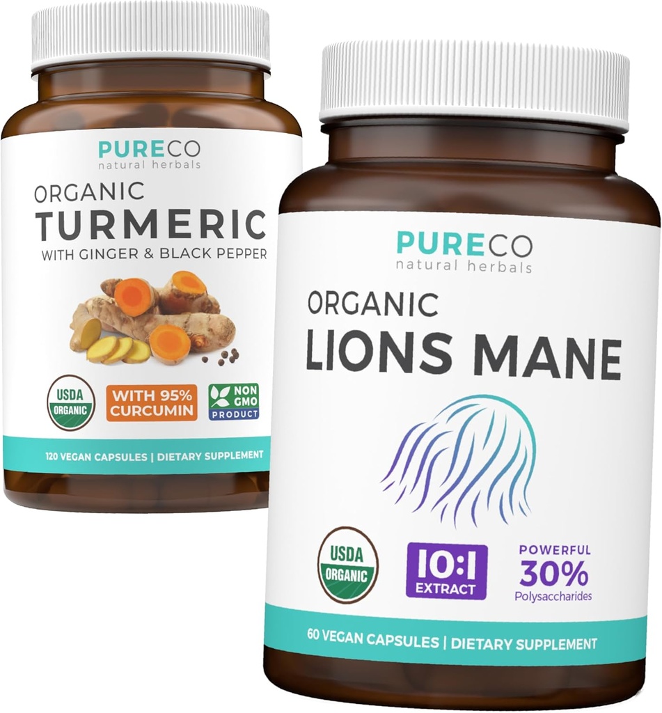 Turmeric & Lions Mane (1 개월 공급) Black Pepper & Ginger (120 모자) 및 Organic Lions Mane Mushroom 10 : 1 추출물 (60 모자)가있는 유기 Turmeric Curcumin의 심층적 인 묶음