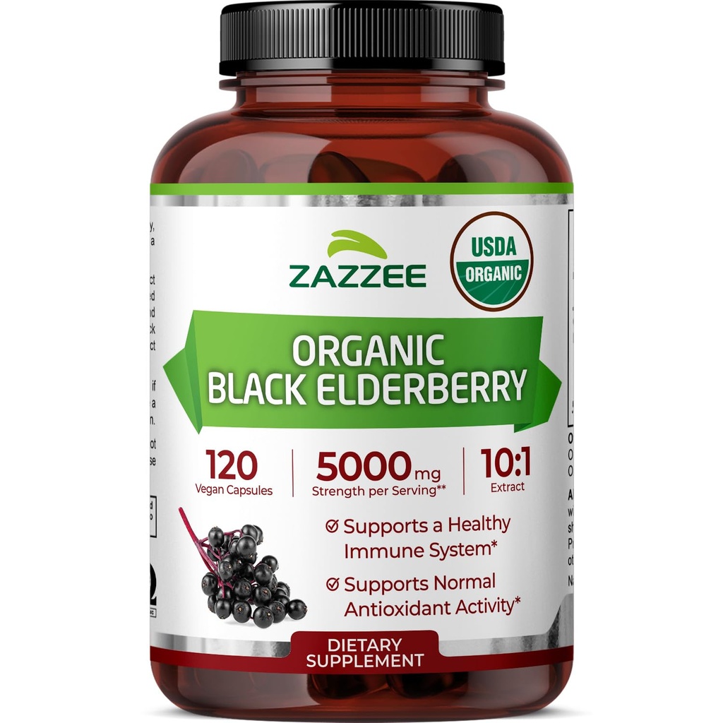 Zazzee USDA 유기 검정 Elderberry 10:1 추출물, 5000 mg 힘, 120 Vegan 캡슐, 2 달 공급, 표준화하는, 집중된 10X 추출물, 100% 채식주의자, 미국에서 하는 모든 자연, 비 GMO