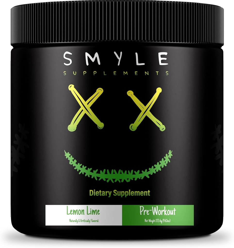 Smyle USA Pre-Workout Powder Lemon Lime - 400mg Alpha GPC + 167mg Caffeine 및 1667mg Beta-Alanine 성능 혼합이있는 사전 운동 에너지 | 30 서빙