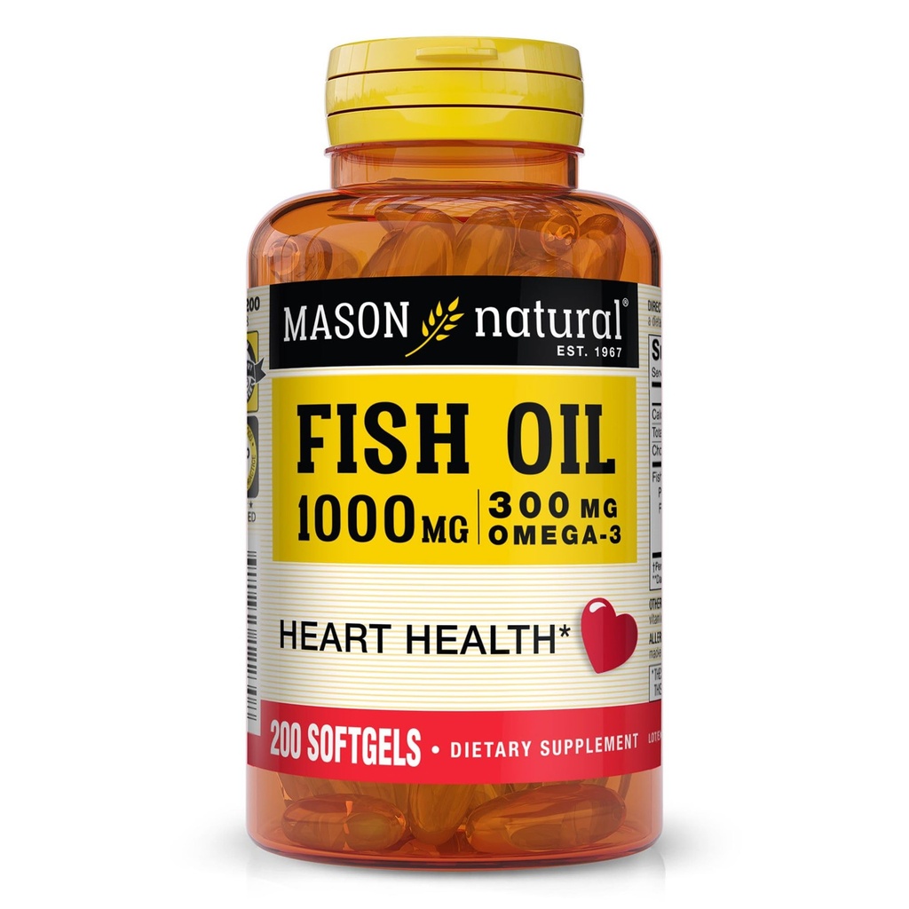 MASON NATURAL Omega, 3 물고기 기름, 200의 일 공급, 합동 지원을 위한 EPA와 DHA를 가진 1000mg, Softgel 알약