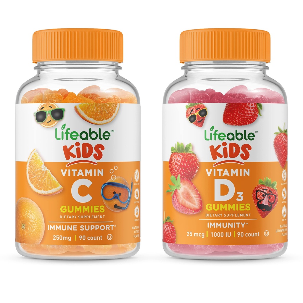 Lifeable Vitamin D Kids + 비타민 C 키즈, Gummies 번들 - 훌륭한 타스팅, 비타민 보충, 글루텐 무료, GMO 무료, Chewable Gummy