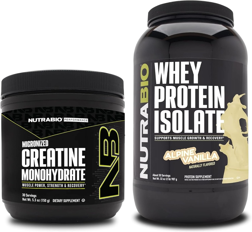 NutraBio Creatine Monohydrate, Unflavored, 150g 및 Whey Protein Isolate, Alpine Vanilla, 보충 번들 - 근육 에너지, Lean 근육 성장, 회복 및 힘