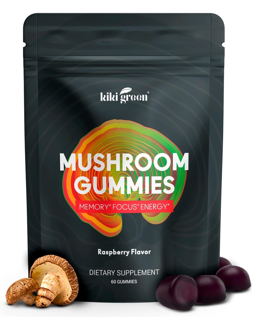 KIKI Green Mushroom Gummies with Lion's Mane and 9 Adaptogen Superfoods Blend - Chaga, Red Reishi, Cordyceps, Shiitake, Black Fungus | 60 개, 10 : 1 추출물