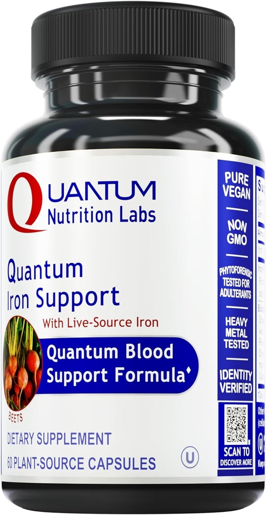 Quantum Nutrition Labs Iron Support - 여성 및 남성을위한 철 보충, Vegan Iron Supplements, 낮은 복용량 Gentle Iron, Naturally Sourced to Support Healthy Blood - 60 채식 캡슐