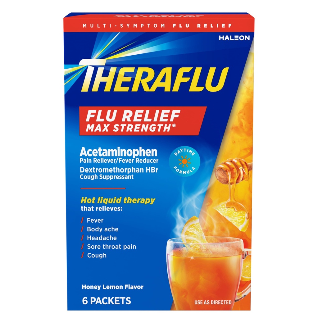 Acetaminophen와 Dextromethorphan HBr, 꿀 레몬 맛 - 6 분말 소포를 가진 유출 증상 완화를 위한 Theraflu 최대 힘 주간 불 약