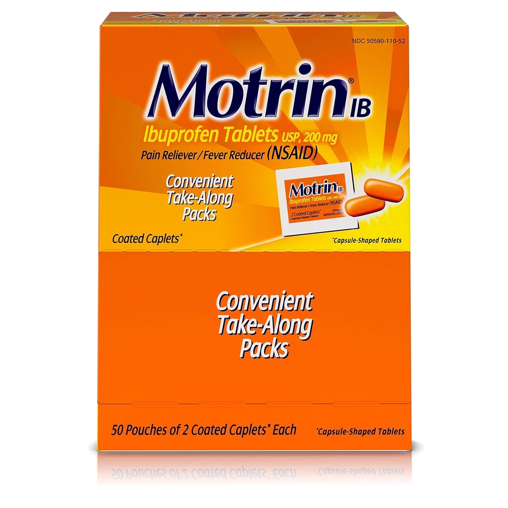 Motrin IB - Ibuprofen 정제, 패킷 당 두 개의 정제, 50 패킷 총, 하나의 상자
