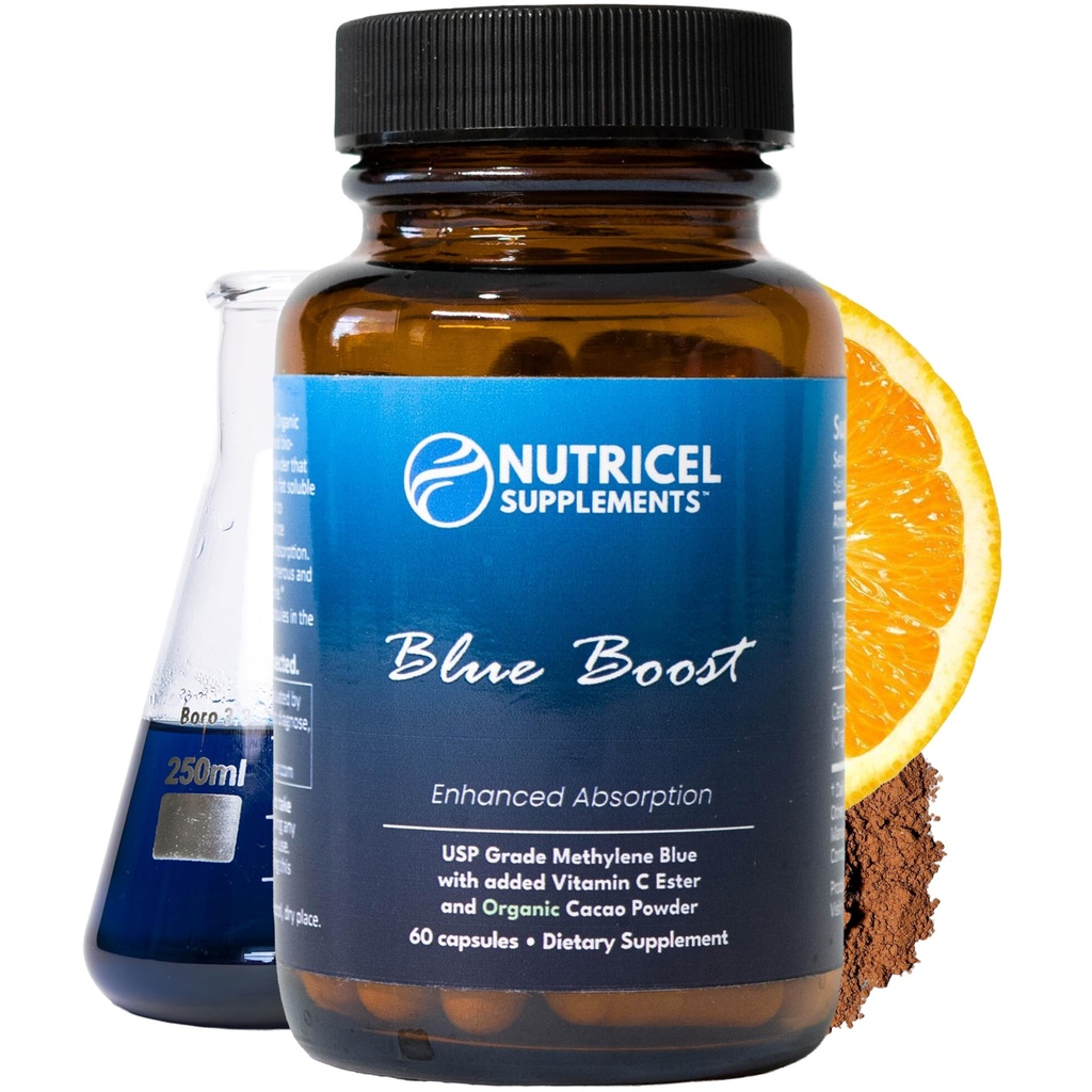 Nutricel Methylene Blue 캡슐 - 제약 학년 보충 - 미국 브랜드에서 신뢰할 수있는 - 비타민 C 에스테르 강화 흡수와 12mg (USP 참조 준수) - 세 번째 파티 테스트 (60ct)