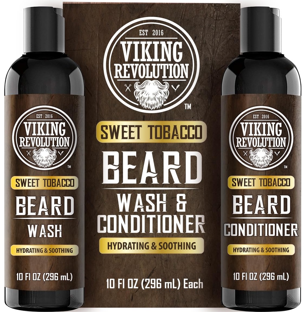 Viking Revolution은 Argan Oil과 Jojoba Oil을 가진 남자를위한 세탁 및 Beard 컨디셔너 - Beard Softener 및 Strengthener Beard Care Beard 샴푸 및 컨디셔너 - Beard Oil (10oz, Sweet Tobacco)