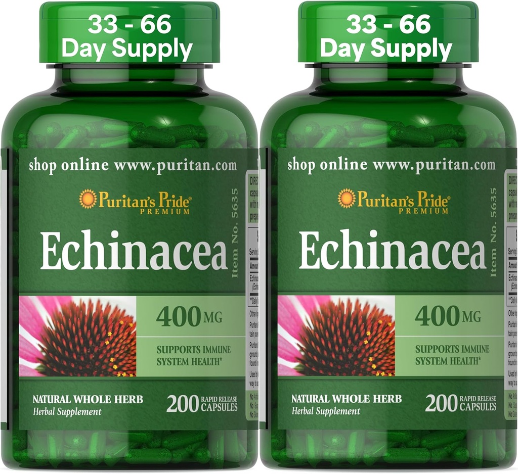 Puritan의 Pride 프리미엄 Echinacea 천연 허브 초본 보충 400mg, 건강, 면역 체계 지원, 200 급속한 방출 캡슐, 2 팩을 위한 규정식 보충교재