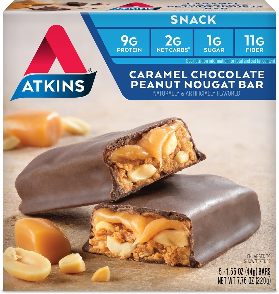 Atkins Caramel 초콜릿 땅콩 Nougat 스낵 바, 섬유, 2g 설탕, 케토 친화적 인 5 개