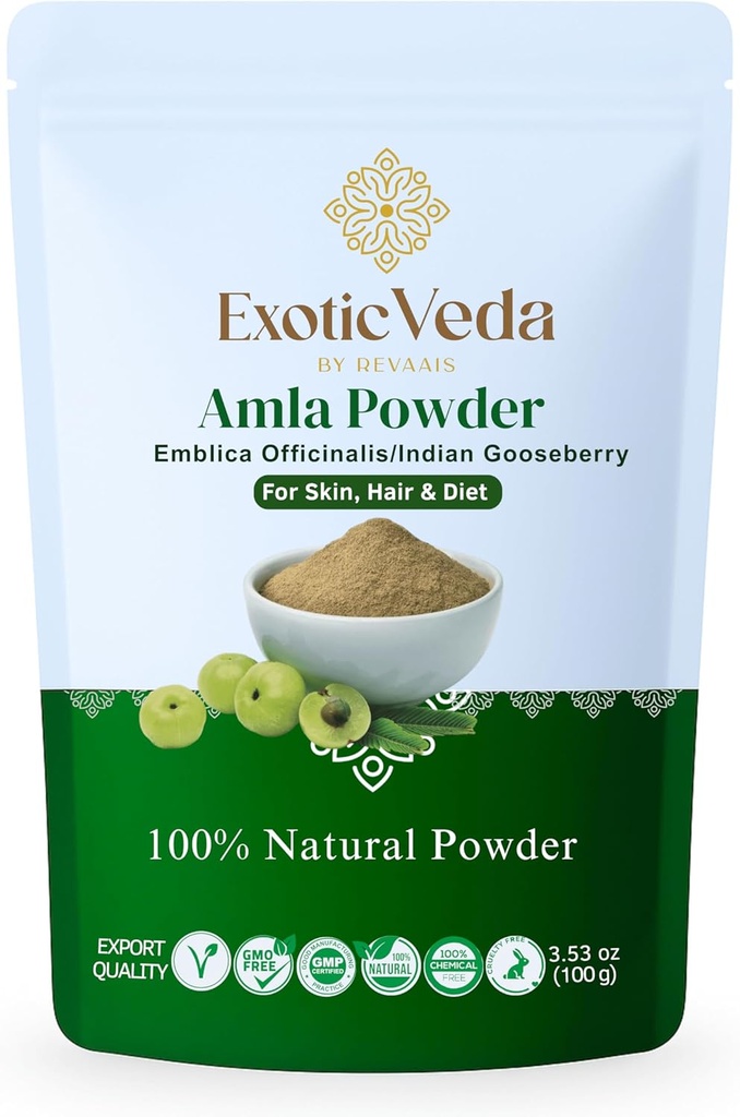 Amla Powder | 100 % 순수하고 천연 인디언 Gooseberry | 헤어 케어, 스킨 글로우 & 웰빙의 Ayurvedic 초본 보충 | 비 GMO, 첨가물 없음, 보존제 또는 필러 | 100g 파우치