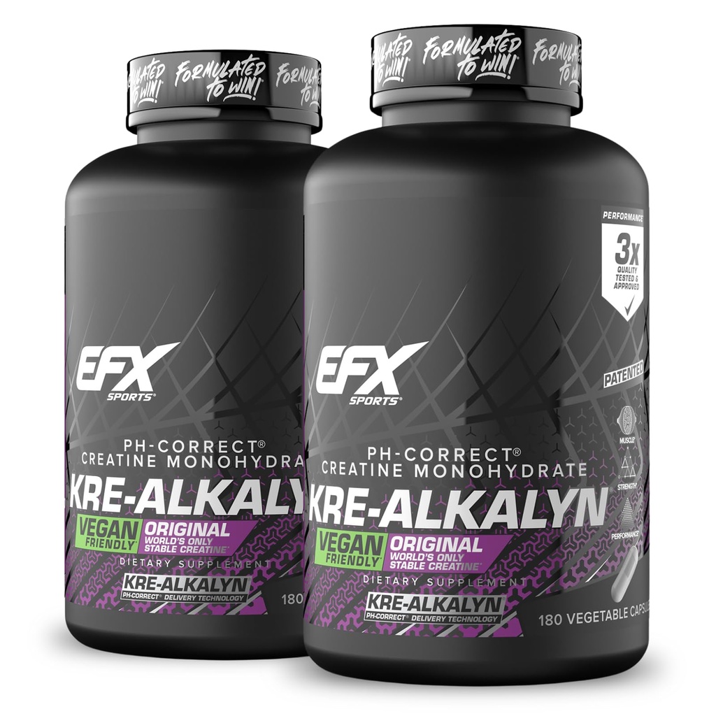 EFX 스포츠 Kre-Alkalyn EFX | PH Correct Creatine Monohydrate Pill Supplement | Vegan Friendly | 힘 & 근육 성장 | 90 인분, 180 Veggie 캡슐 (팩 2)