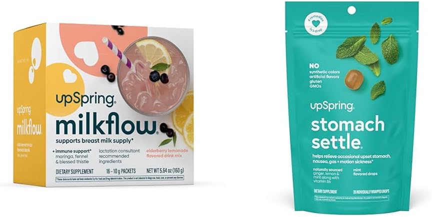 UpSpring Stomach Settle Drops, Mint Flavour, 28 Ct+Milkflow Breastfeeding Supplement Drink Mix with Moringa & Blessed Thistle, No Fenugreek |엘더베리 레몬 맛 | 16 음료 혼합