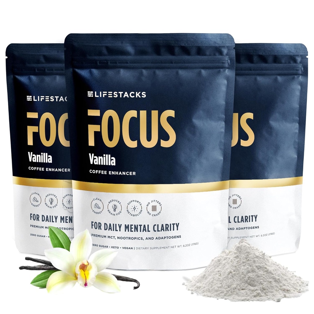 Vanilla MCT 오일 3-팩 - 부스트 에너지 & 클라리티 - MCT 분말 + Nootropics + Elevated Coffee Experience 용 어댑터 - Keto, Vegan, 0 Sugar - Taurine, L-Tyrosine, Rhodiola 및 More