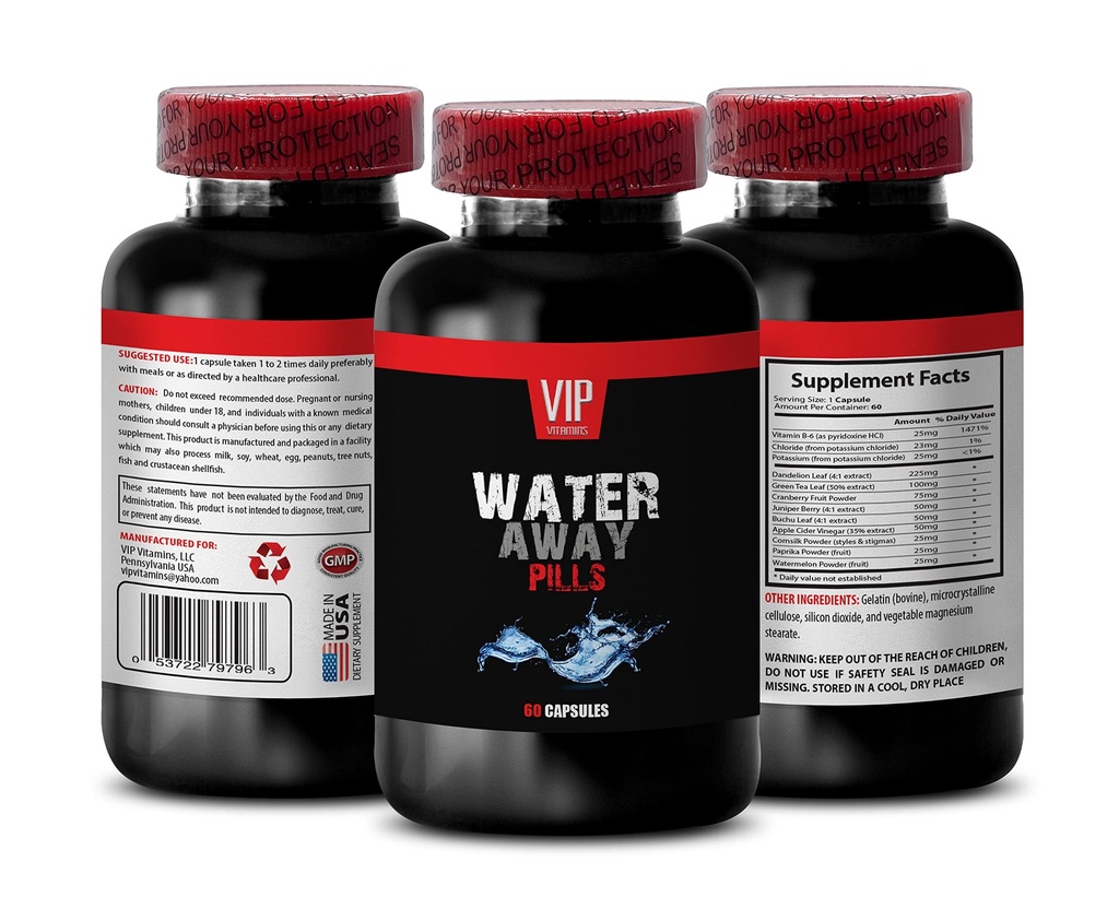 Urinary 트랙터 지원 - 물 AWAY DIURETIC PILLS - Watermelon, Dandelion, Paprika, Potassium, 다리 및 발에 물 보유를위한 diuretics, diuretics 물 약, diuretics 보충, 1B 60 모자