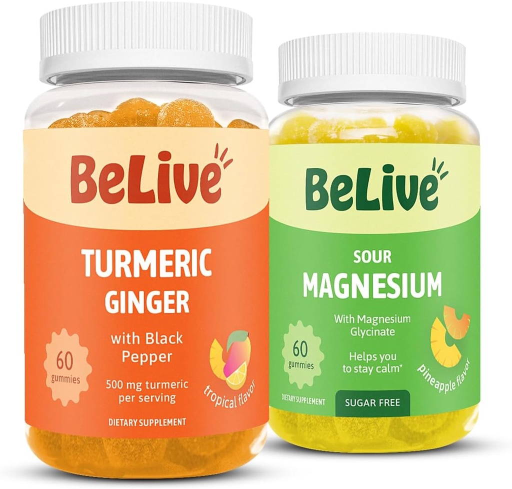 Relaxation, Sleep, Inmune Support 및 Mobility Support를 위한 BeLive Bundle 마그네슘 및 Turmeric Gummies
