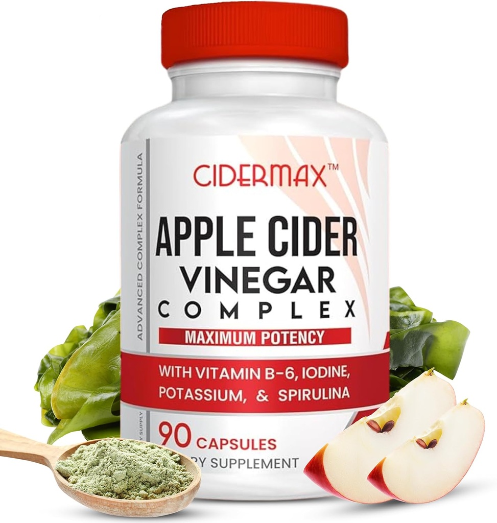 Apple Cider Vinegar Complex 캡슐 - Gut Support, Balanced Weight & Body Detox 용 90 일 공급 캡슐 - Cidermax의 모든 천연 비타민 B6, Ke, 칼륨 및 Spirulina 보충