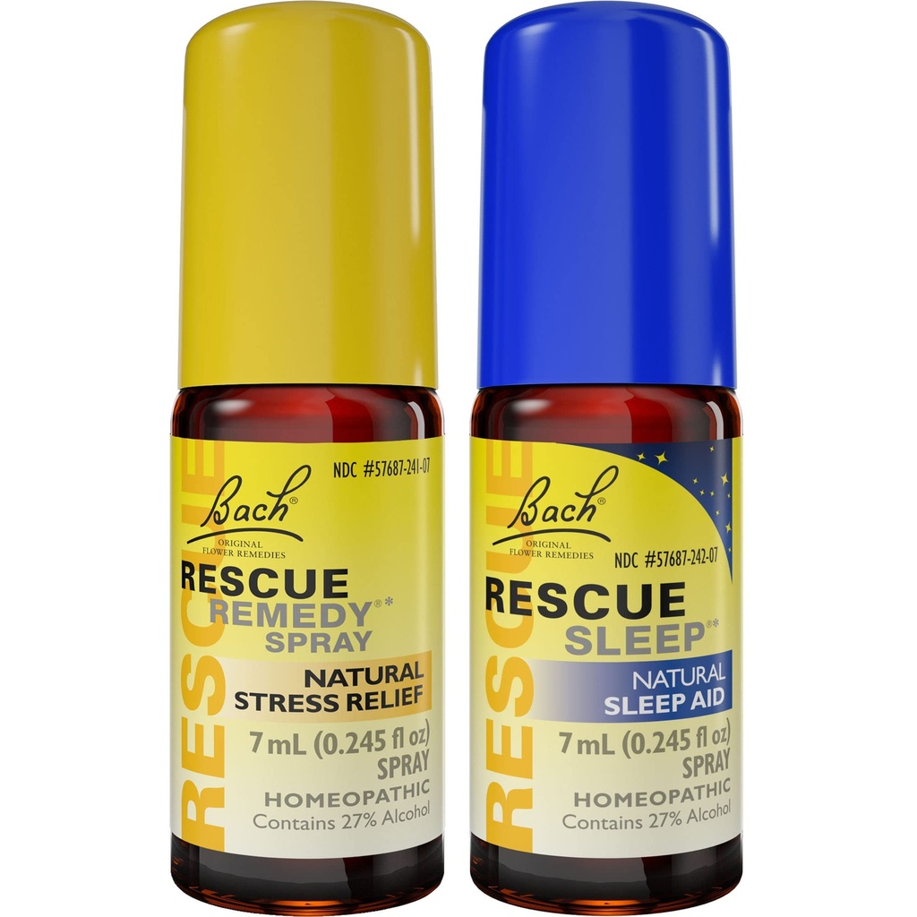 Day & Night Bundle, Bach RESCUE REMEDY 스프레이, 천연 스트레스 완화 [및] RESCUE SLEEP 스프레이, 천연 수면 보조 - 2-Pk, Homeopathic Flower Essence, Vegan, 7mL Ea