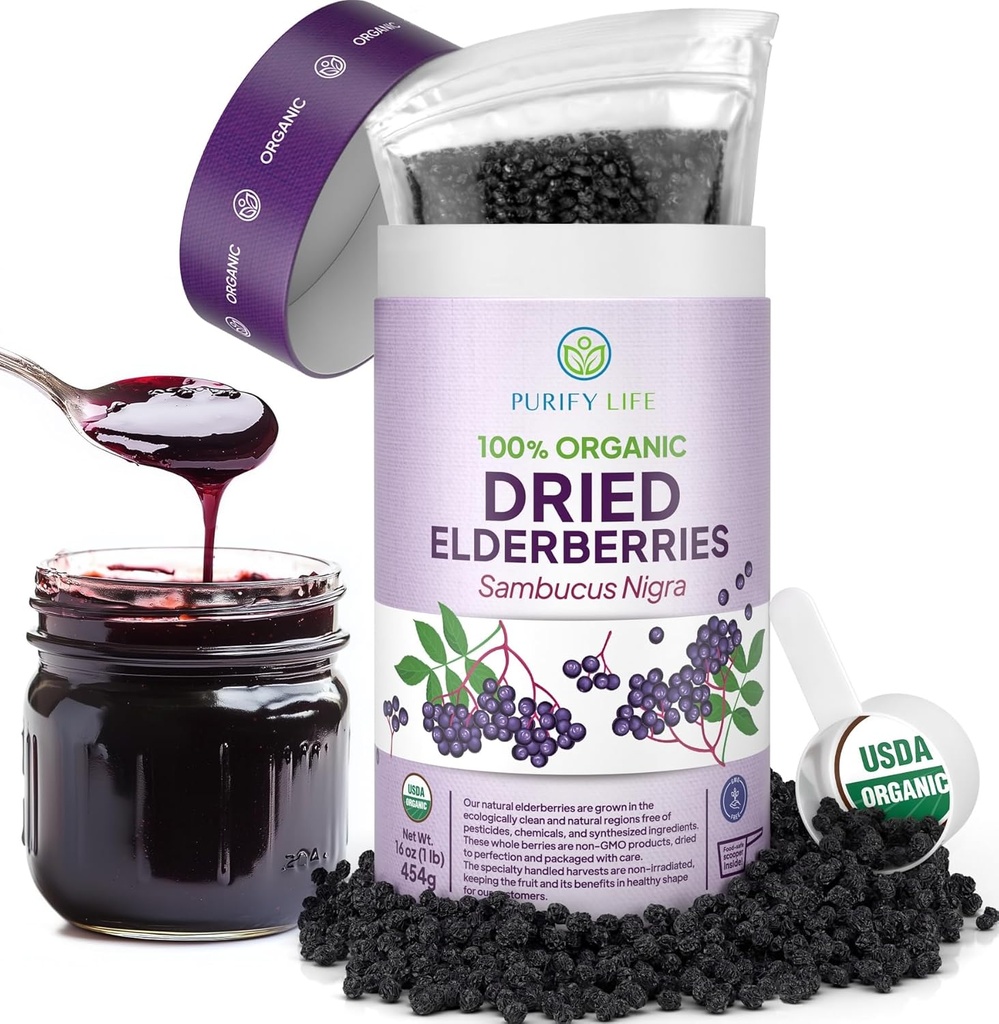 USDA 유기 건조 엘더베리 1lb 벌크 (안전 포장, Resealable 부대, BPA 자유로운 국자) 자연적인, 비 irradiated, 익지않는 전체적인 검정 Elderberry의 면역성이 있는 지원은, Sambucus Elderberry Syrup, 1 파운드를 만듭니다