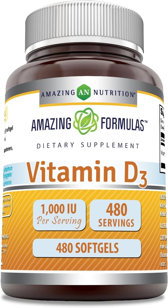 놀라운 수식 비타민 D3 1000 IU Softgels 보충교재 | Non-GMO | 글루텐 프리 | 미국 포장 (1 팩 | 480 개)