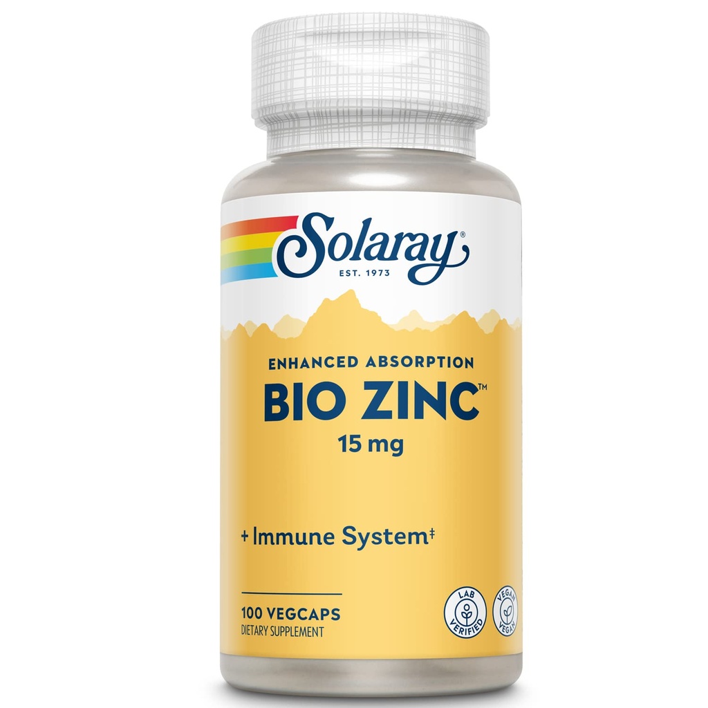 Solaray 바이오 아연 15 mg | 건강한 면역 체계를 위한 트리플 아연 복합체, Endocrine & 세포 기능 지원 | 100 VegCaps