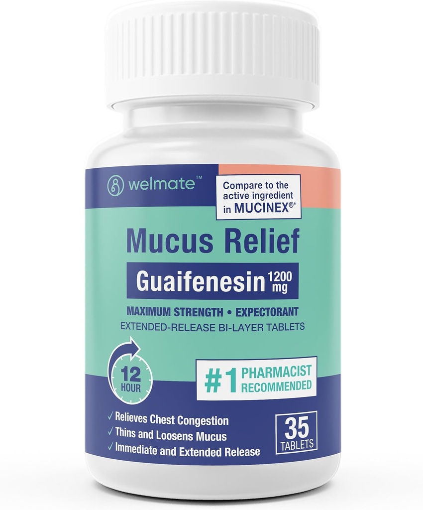 WELMATE - Guaifenesin 1200mg (35 정제) - Mucus 기복 - 기대 - 기침 & 감기 - 12 Hr 지원 - 장시간 방출 Bi-Layer 정제 - 상부 약물