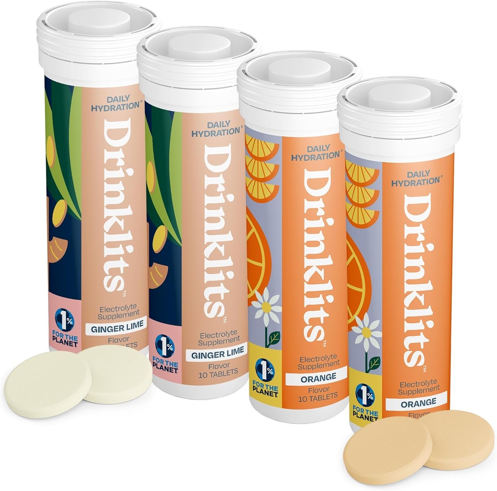 Drinklits Ginger-Lime & Orange Electrolyte Tablets (4) 관 번들 | 매일 Hydration Combo Pack | 맛있는 천연 향료 - 0g Sugar | 40 인분 - 10 태블릿