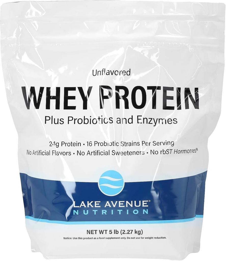 Lake Avenue Nutrition Whey Protein Plus Probiotics 및 효소, 불연, 5 파운드 (2.27 kg)