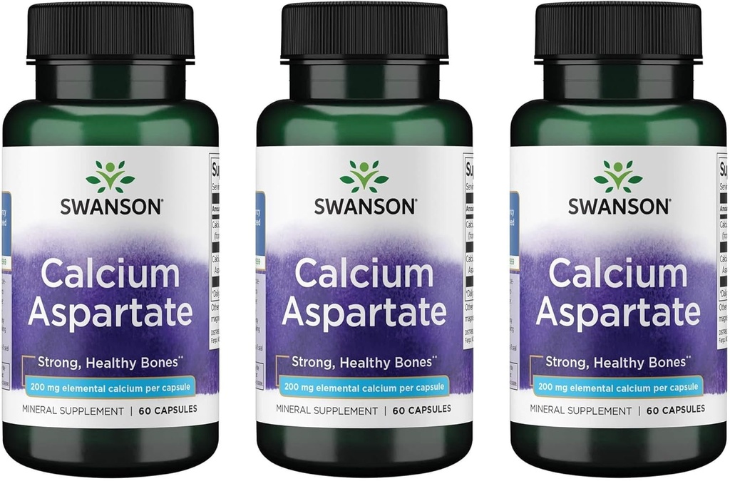 Swanson 칼슘 Aspartate - 뼈, 심장, 근육 건강을 촉진하는 초본 보충 - 총 몸 웰빙을 촉진하는 천연 공식 - (각 60 캡슐 - 200mg) (3 팩)